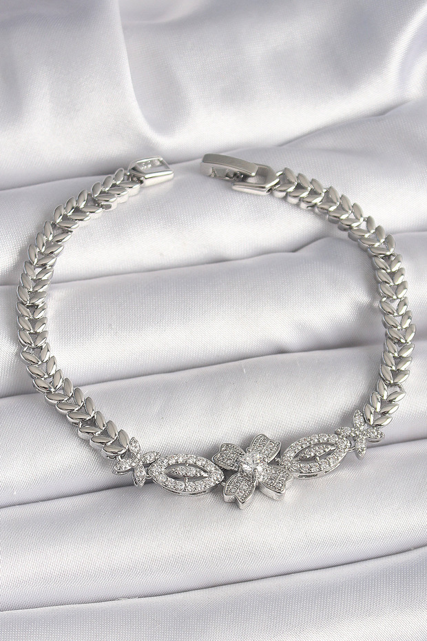 Brass Silver Color Zircon Stone Flower Figure Barley Chain Model Women's Anklet - Teolsa3124-2
