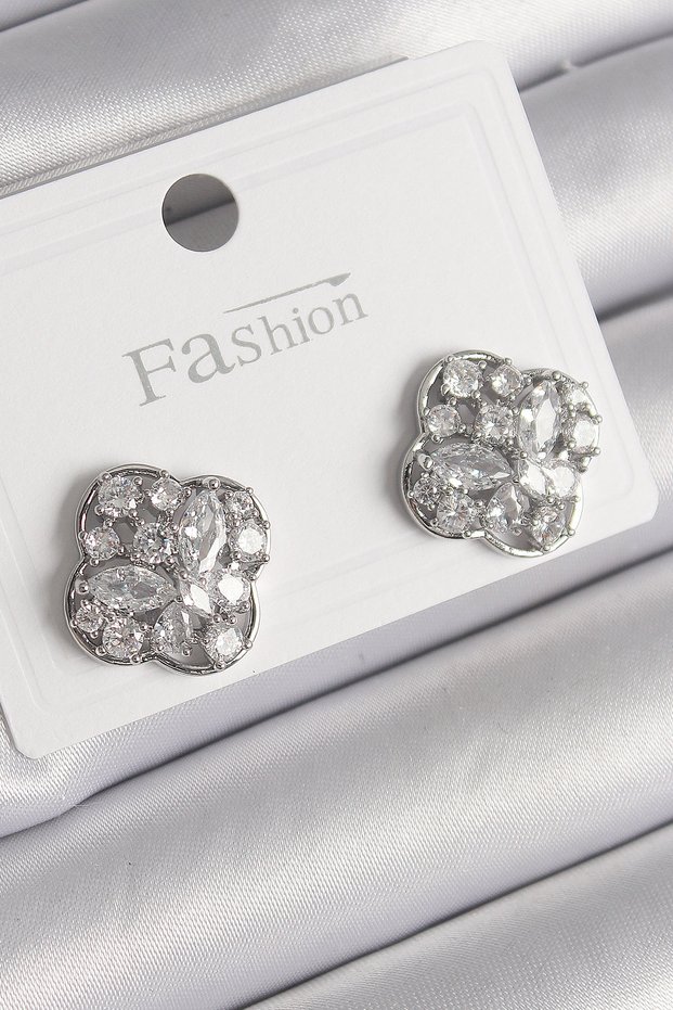 Brass Silver Color Zircon Stone Clover Model Women's Earrings 5886 - Teolsa3335-2322