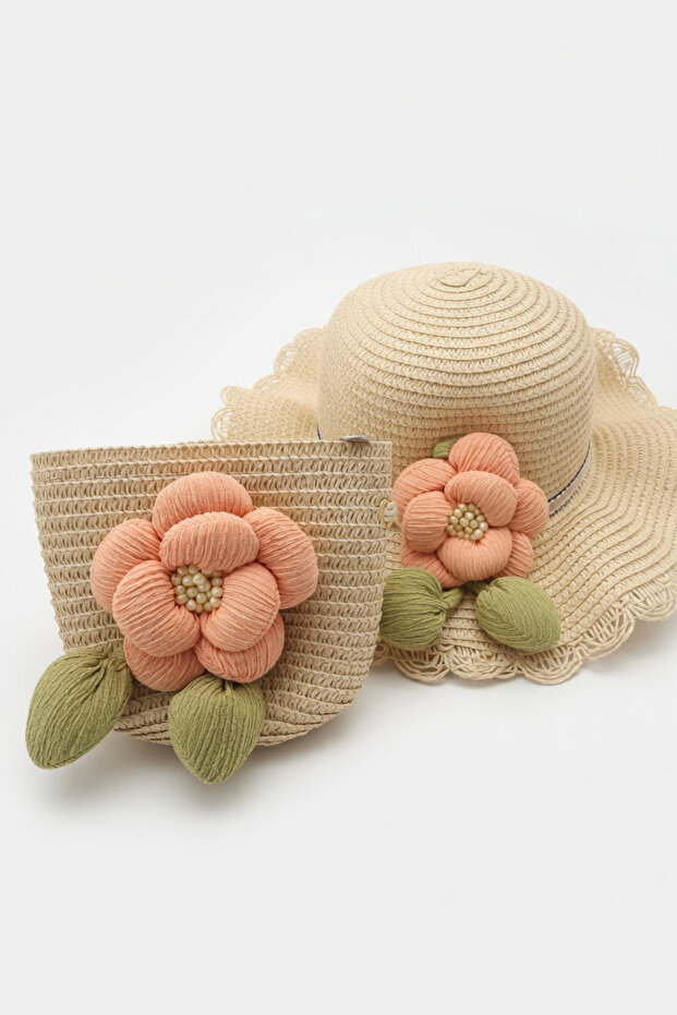 Premium Gift Girl's Beige Straw Summer Hat and Bag Set | Trendy Model Suitable for Beach Use