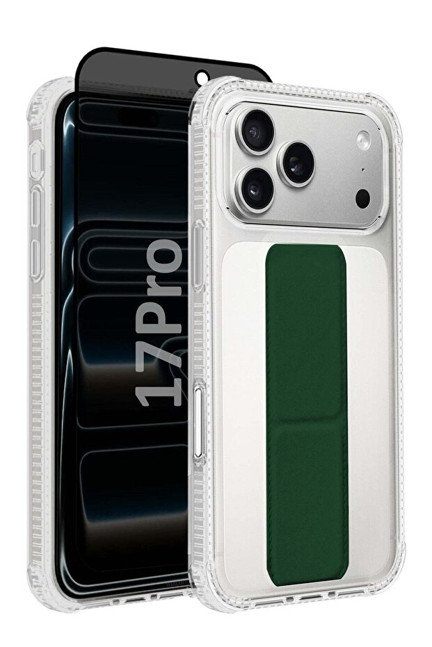 2 Packs Finger Grip Clear Case Cover for iPhone 17 Pro- Kickstand Car Magnetic Holder Multi-function Protective Two-in-one Case with Privacy Screen Protector - Dark Green-4