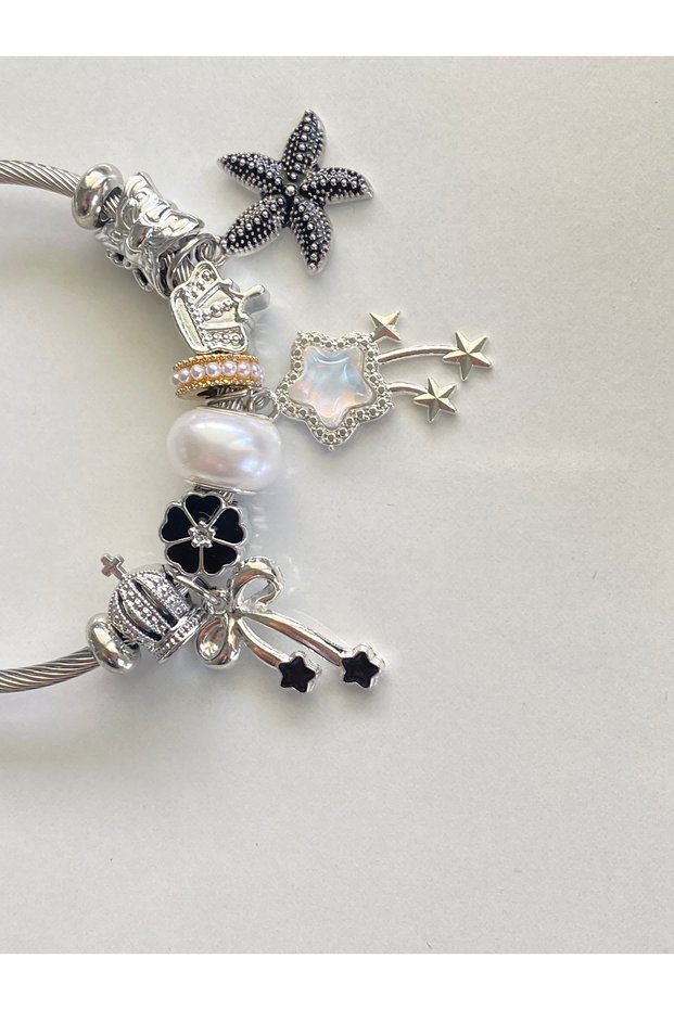 Steel Bracelet Black-White Detail Bracelet with Loose Charms
