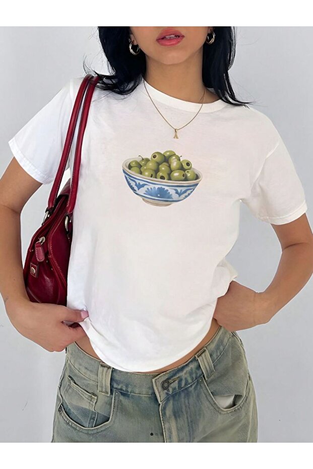 Zeytin Olives Print White Belt Length Cropped Top