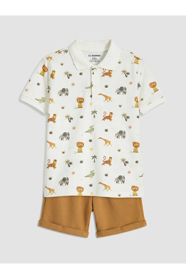 Lcw Baby Ecru Animal Patterned Boy's Shorts Set