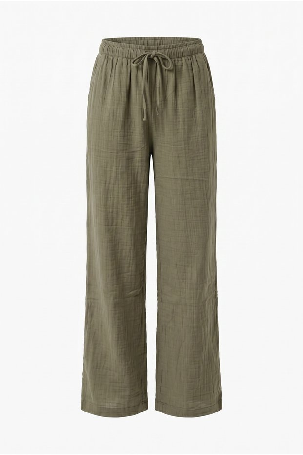 Women's Wide Leg Elastic Waist 100% Cotton Muslin Palazzo Trousers