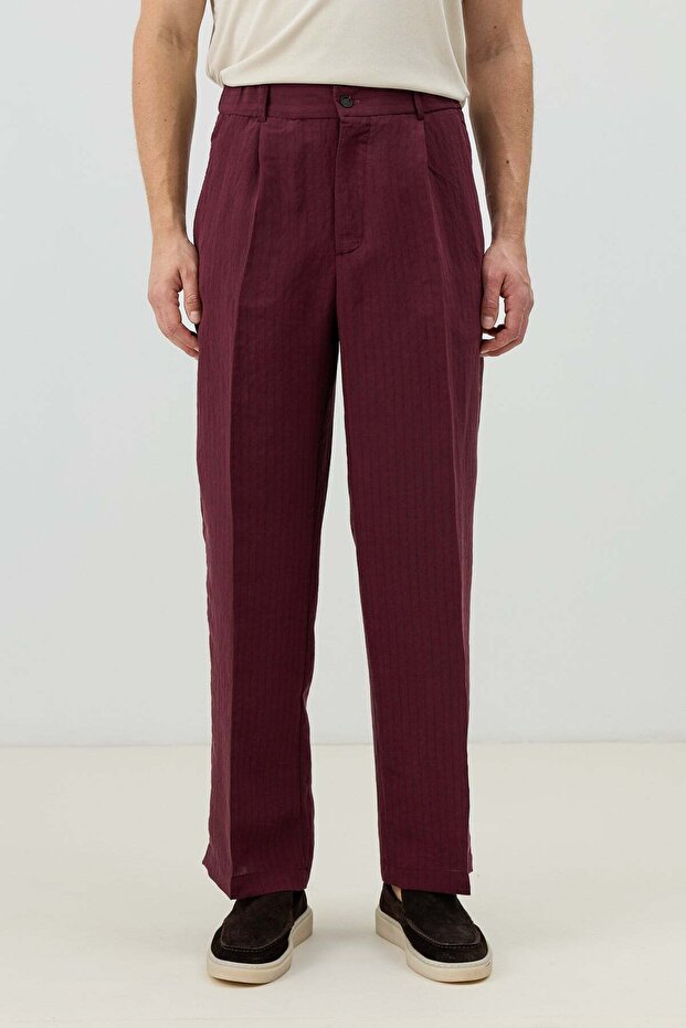 Burgundy Modal Blend Striped Relaxed Men's Trousers