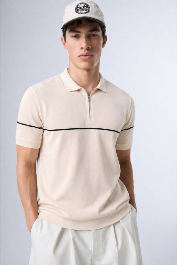 Men's Striped Detailed Knitwear Cream Polo Neck T-Shirt