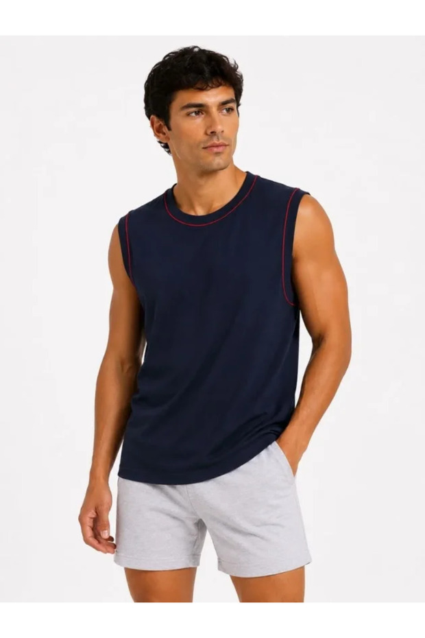 Men's contrast trim sleeveless tank top crew neck summer basic tank - navy blue