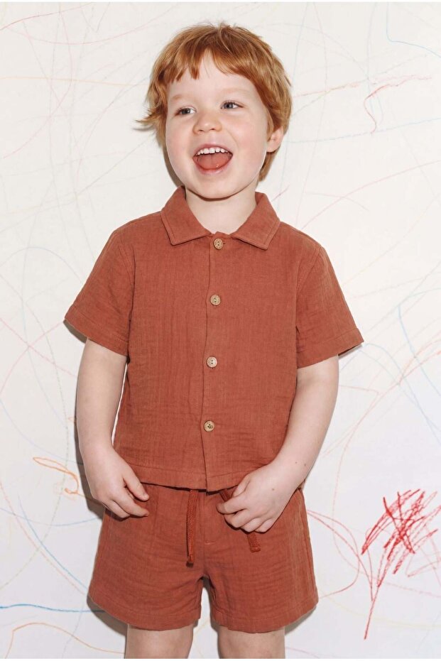 Boy's Cotton Tile Muslin Shirt Shorts Set