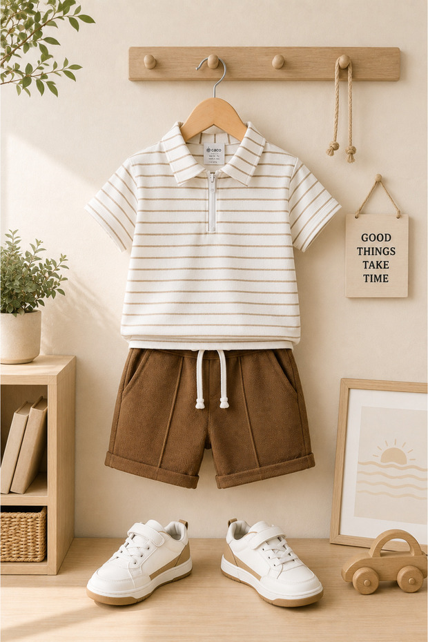 Single Striped Zippered Waffle Fabric Summer Boys' Suit