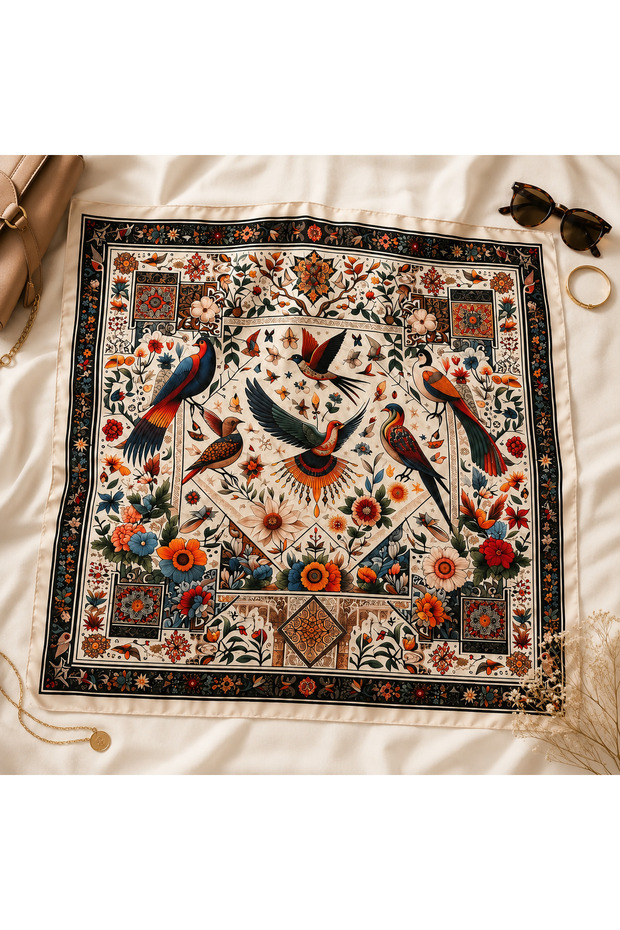 Women's Ecru Black Authentic Bird Patterned 70X70 cm Satin Scarf, Square Neck Scarf Hair Bag Accessory