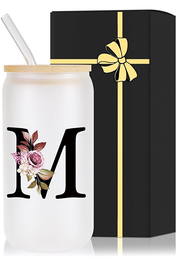 Customized Glass Drinking Cup with Lid and Straw Personalized Gift for Women Letter m
