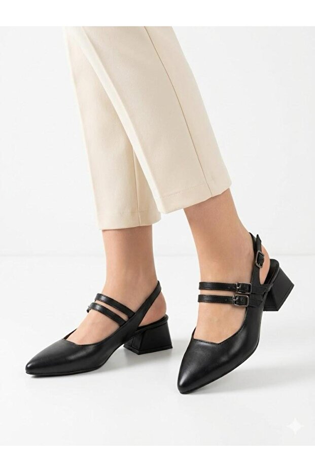Women's Black Thick Heel Comfortable Fit Heeled Ballerina Shoes
