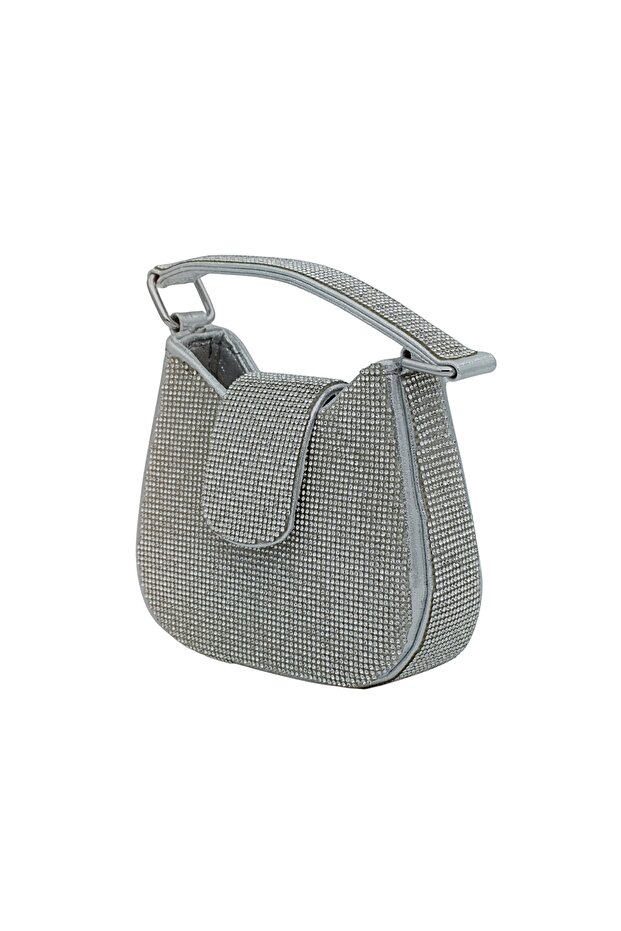 Women's Silver Stone Evening Dress Hand and Shoulder Bag, Baguette Evening Bag