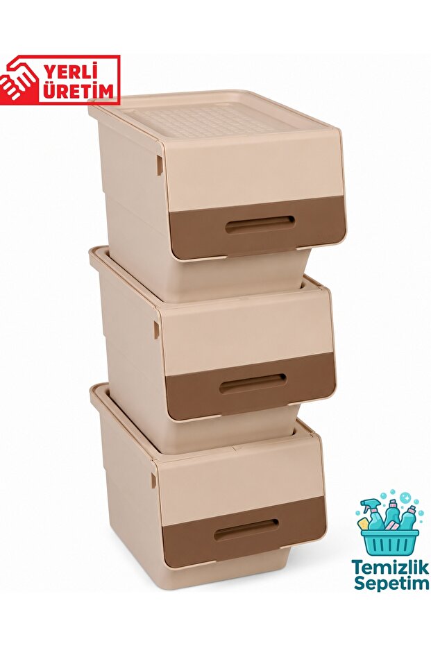 3-Tier Wheeled Storage Box with Lid, Goods and Food Organizer 3X12 Liters (Brown)