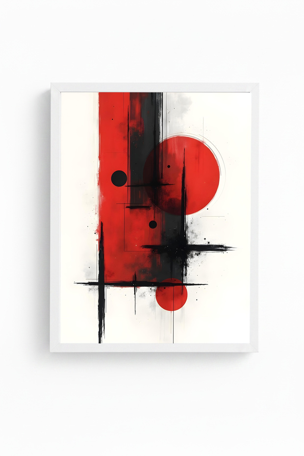 White Wooden Framed Abstract Geometric Pattern Painting - Red-Black | Huhu1246