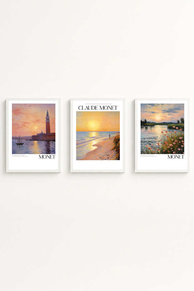 White Wooden Framed Claude Monet Painting Set Huhu556 - Triple Painting Set White Frame