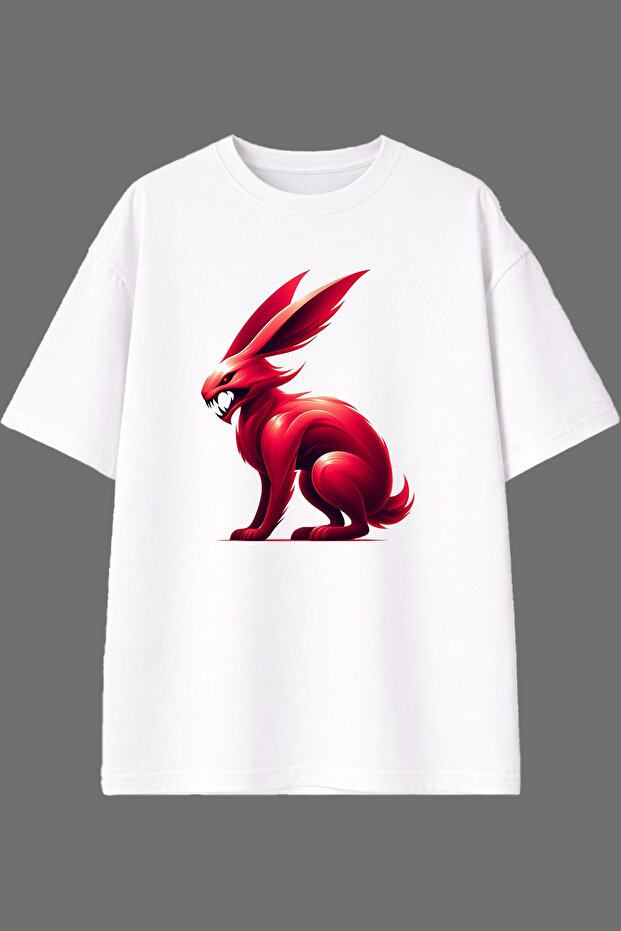 تي شيرت أبيض كبير الحجم بتصميم Wild Rabbit مطبوع من الأمام