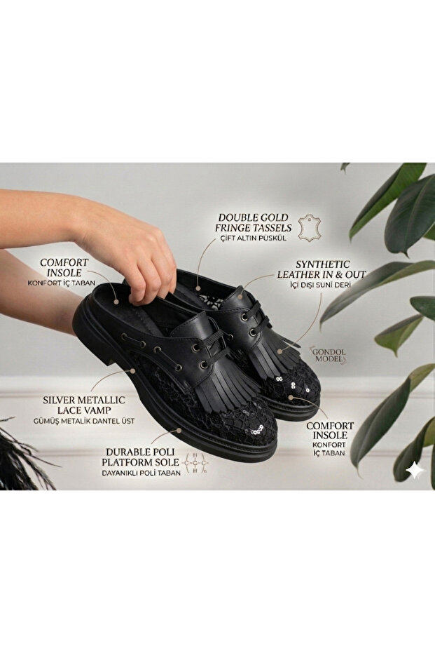 Gondol Type Shoes, Used as Slippers and Shoes, with Fixed Ties, Poly Sole, and Tassels.