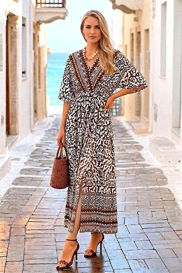 Brown Patterned Double-Breasted Dress - 1