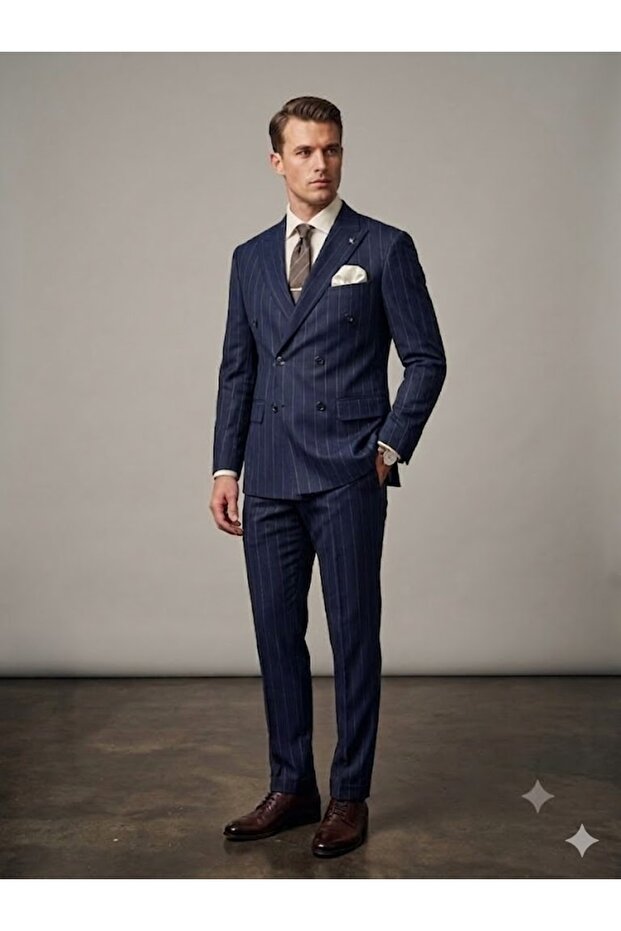 Mcr Men's Slim Fit Striped Double Breasted Suit 45426