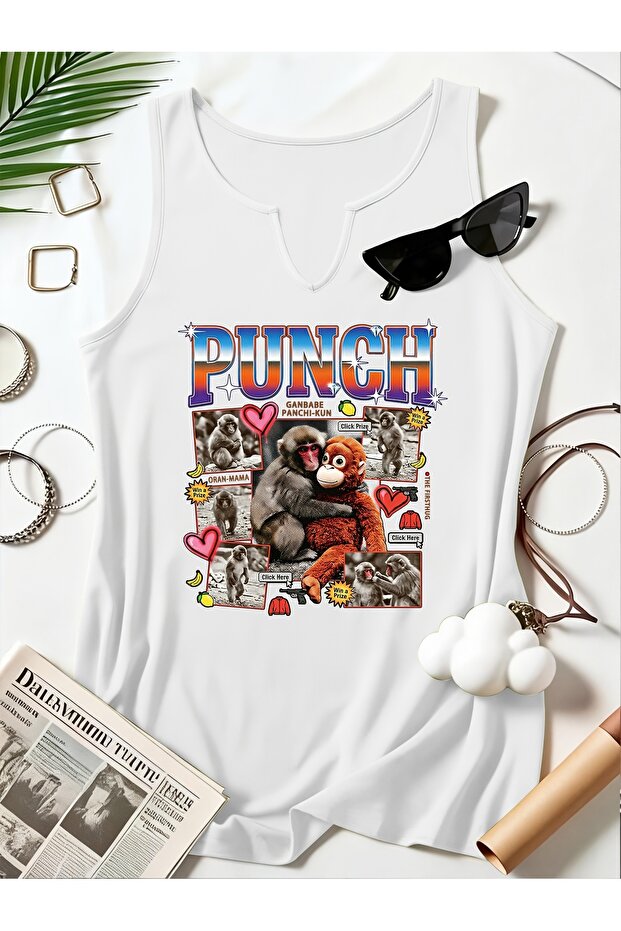 Women's Punch Monkey Printed Half V-Neck Sleeveless Regular Fit Casual T-Shirt