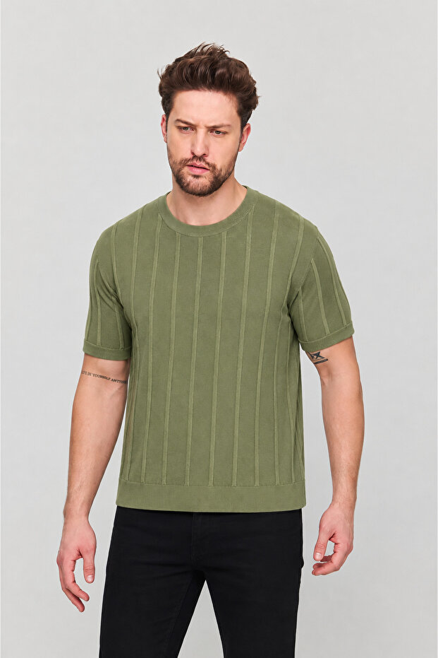 Men's Trend Short Sleeve Striped Casual Khaki Knitwear T-Shirt