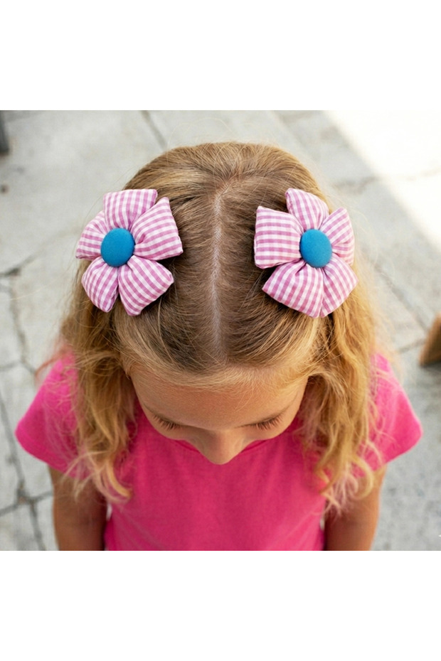 Handmade Fluffy Checkered Double Flower Buckle Set