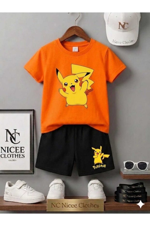 Summer Children's T-Shirt Shorts Unisex (Pikaqiu Print on the Cuffs)