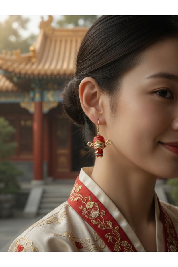 Red Enamel Traditional Chinese Figured Earrings Gold Small Medium Size Dangle Gift Jewelry