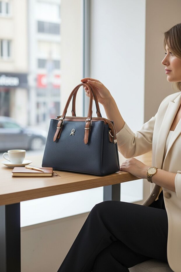 Women's Monogram Patterned Classic Handbag with Double Handles and Shoulder Strap
