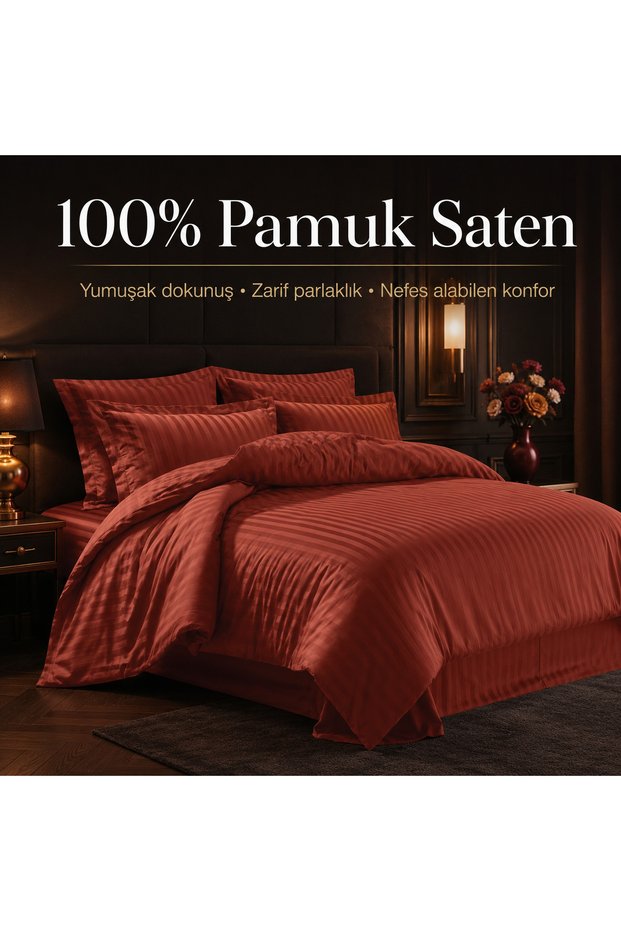 100% Cotton Satin Striped Double Duvet Cover Set - Tile