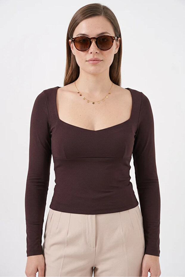 Women's Square Neck Slim Fit Brown Blouse