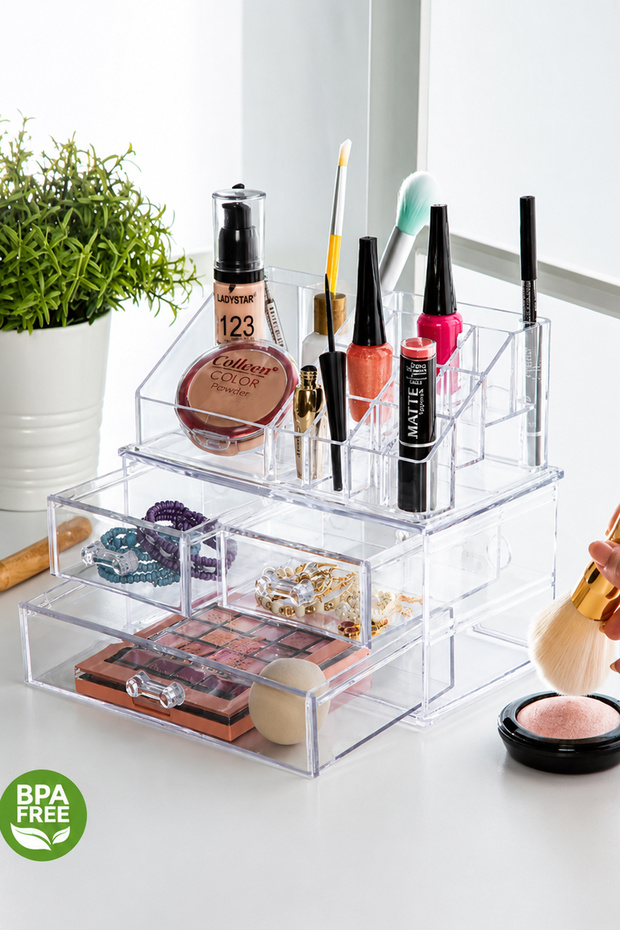 3-Drawer Multi-Functional Makeup Organizer - Dresser Organizer - Lipstick Holder and Jewelry Organizer