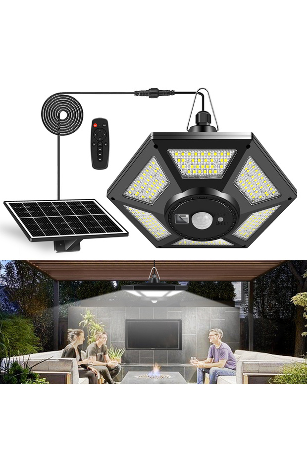 أضواء معلقة تعمل بالطاقة الشمسية للاستخدام الداخلي والخارجي مع جهاز تحكم عن بعد، 180 LED، إضاءة للسقيفة تعمل بالطاقة الشمسية مع مستشعر حركة، 5 إعدادات إضاءة