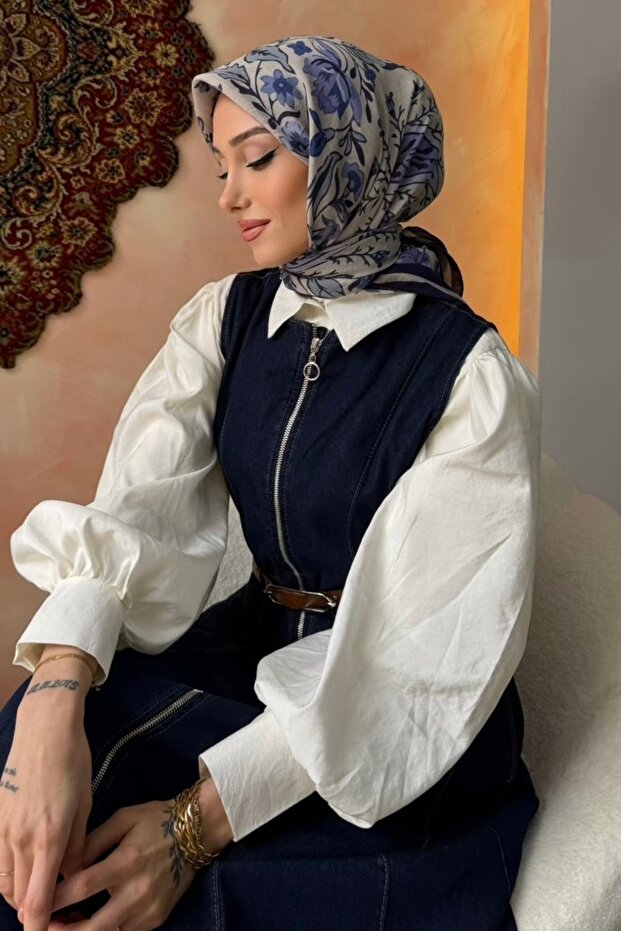 Navy Blue Patterned Silk Scarf