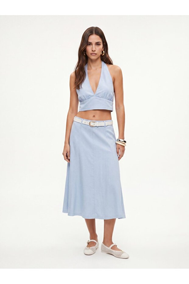 High Waist Midi Linen Light Blue Skirt