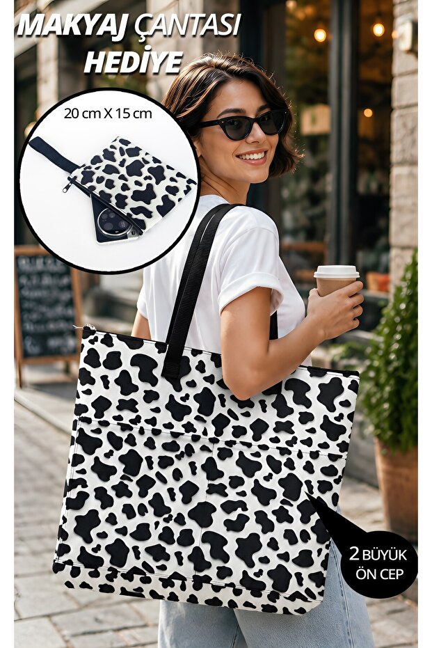 Black and White Cow Pattern Beach Bag Large Size Zippered Tote Bag