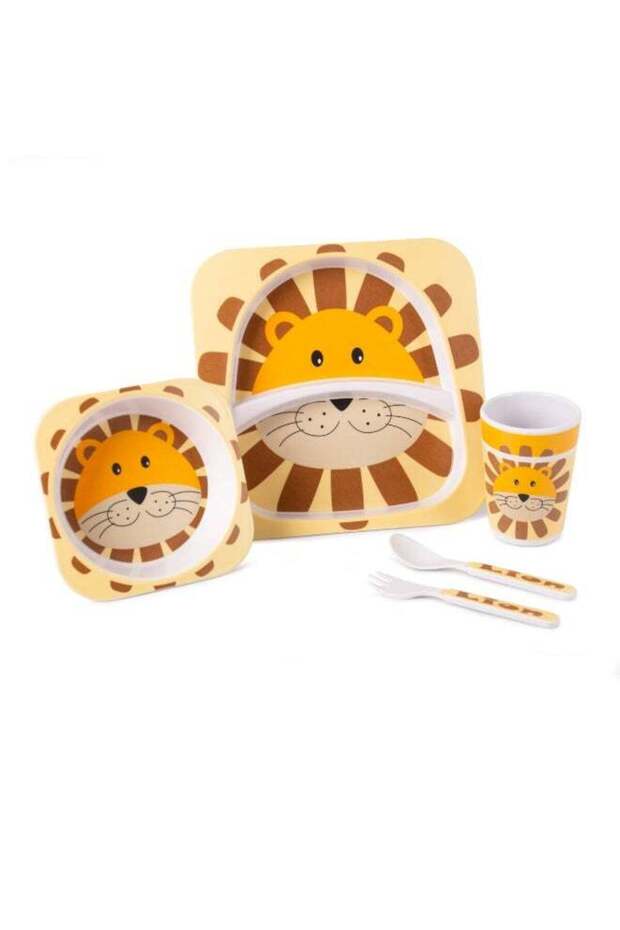 Kids Dinnerware Set, 5-Pieces Includes Divided Plate Bowl Cup Fork Spoon Utensils, BPA Free Bamboo Fiber Material