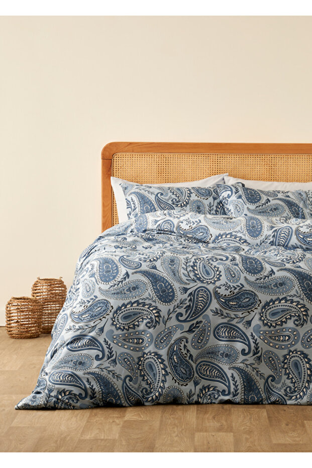 100% Cotton Satin Paisley Double Duvet Cover Set Blue (200X220 cm)