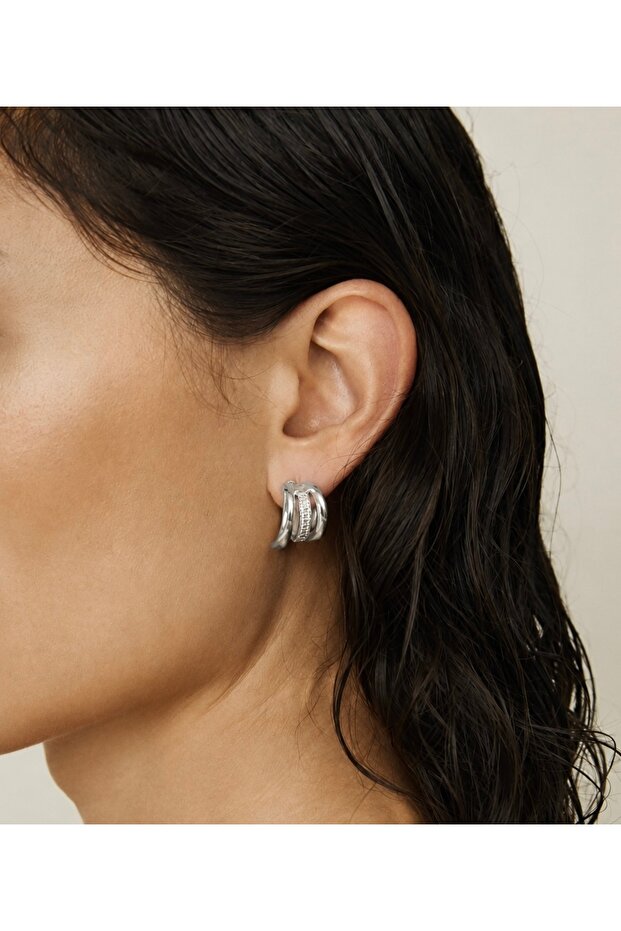 Silver Color Triple Appearance Stone Earrings Pair 2 cm