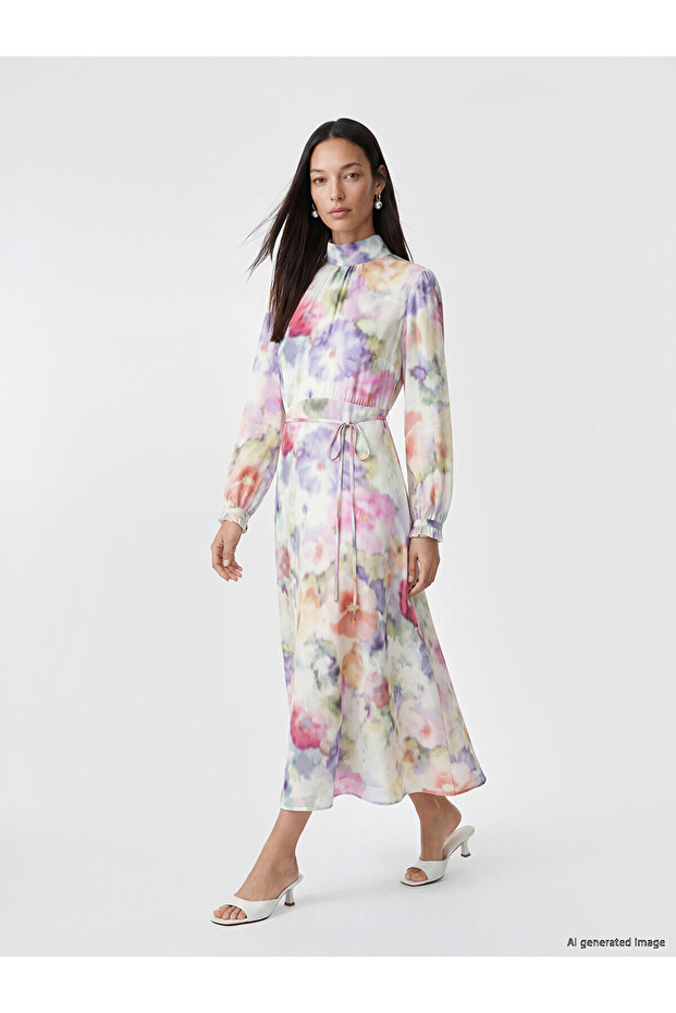 Two Mt Shop Quality High-Neck Tie-Dye Patterned Belted Dress