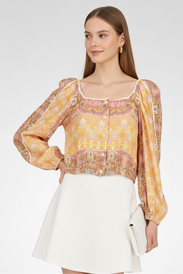 Women Square Neck Long Sleeve Floral Print Top, Multicolor