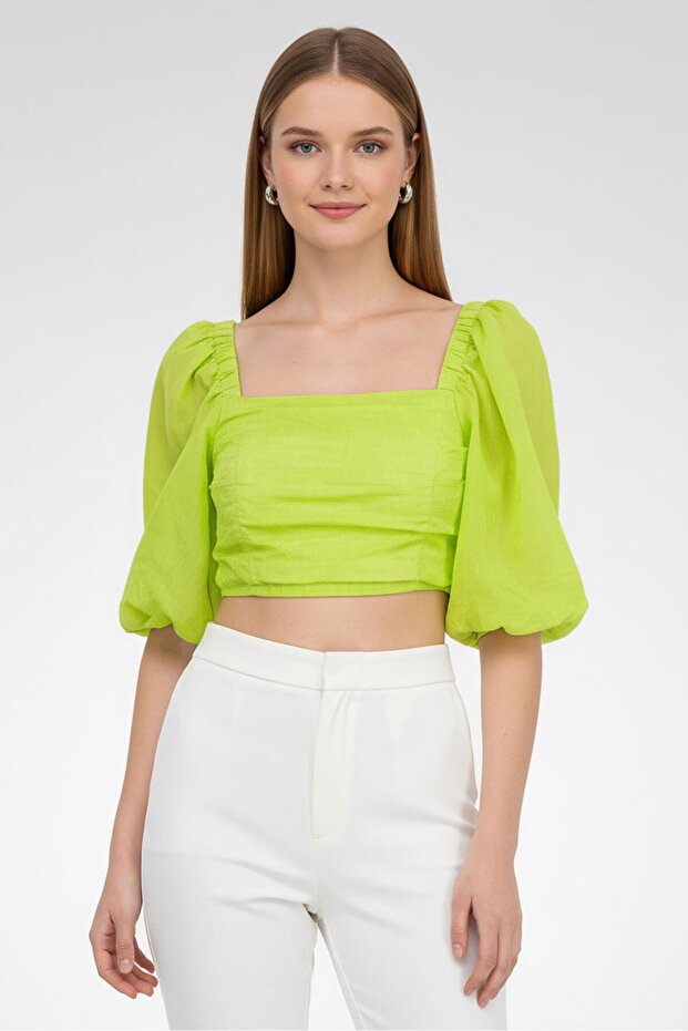 Women Square Neck Puffer Sleeve Plain Crop Top, Green