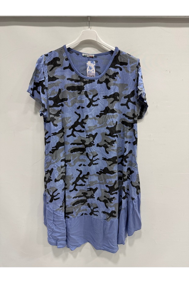 Blue Italian Camouflage Pattern Short Sleeve Midi Length Viscose Dress 40 - 44 Size