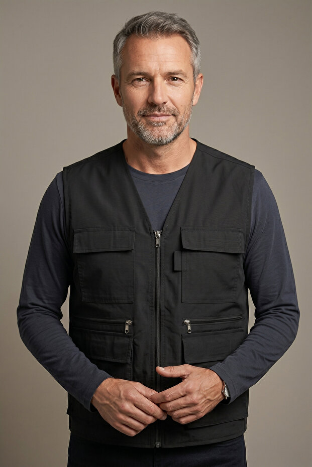 Baba Men's V-Neck Black Multi-Pocket Zippered Hunting Vest