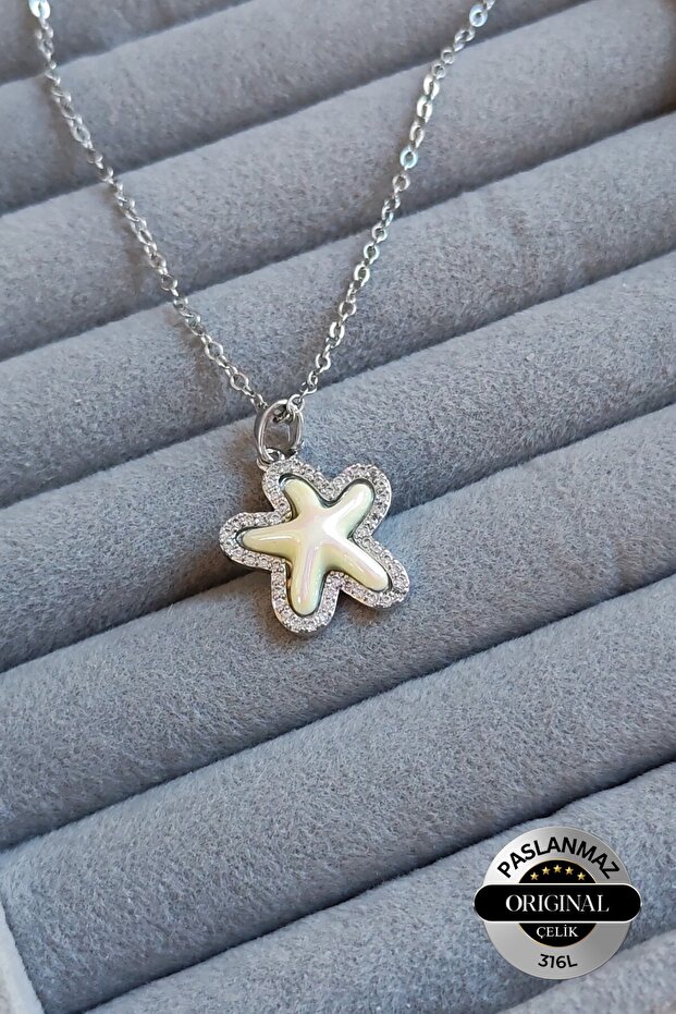 Pearlescent Zircon Stone Starfish Model 316 L Steel Necklace