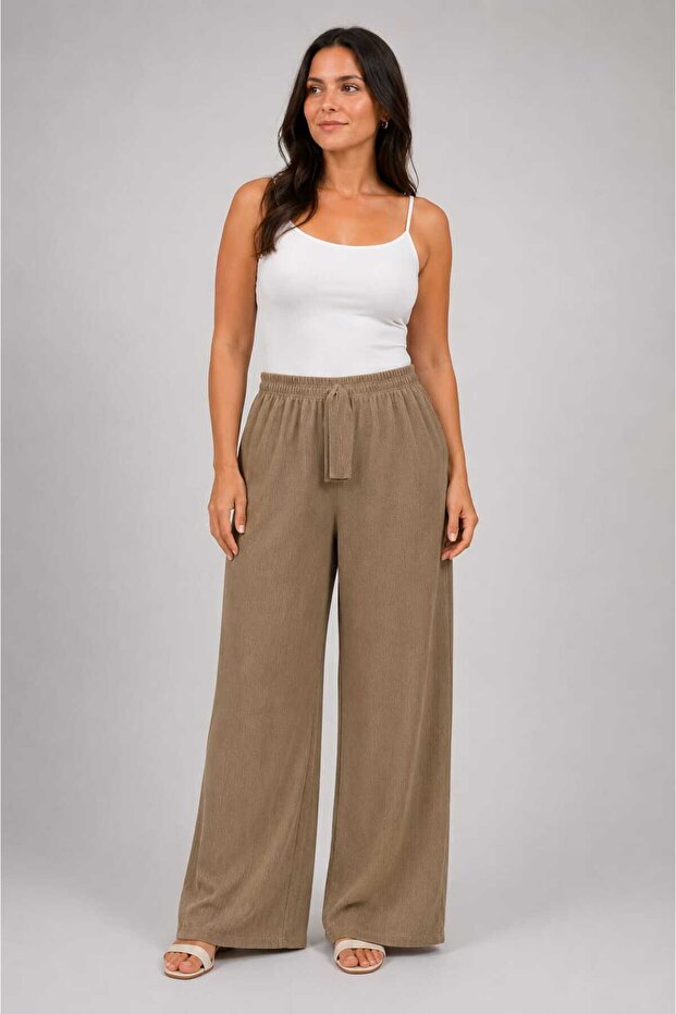 Women's Palazzo Trousers with Wrinkled Texture and Comfortable Fit