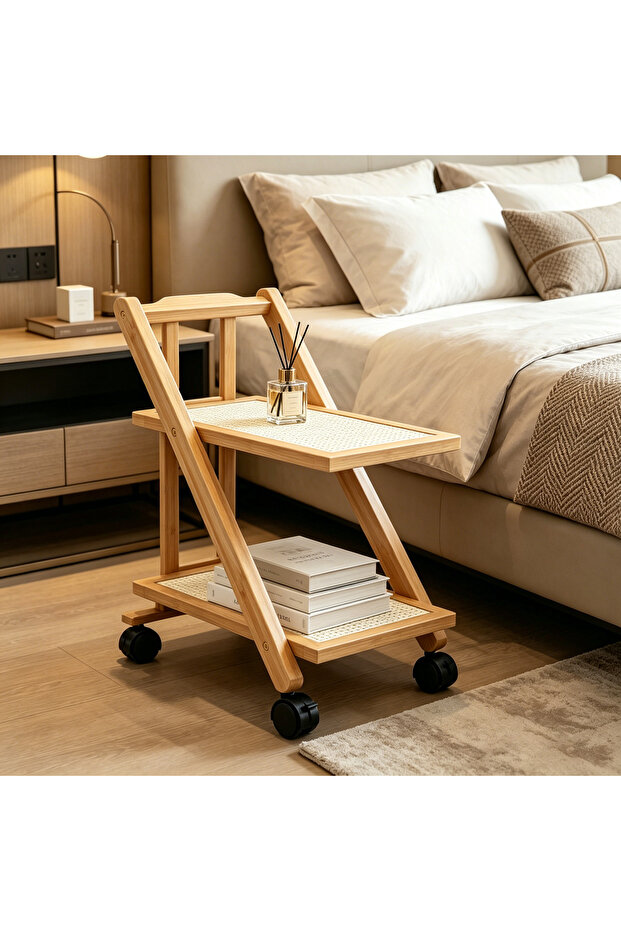 2&3 Tier Z-Shaped Bamboo Serving Cart with Lockable Wheels, Foldable Mobile Side Table, Multipurpose Utility Trolley for Arabic Tea, Restaurant, Hotel & UAE Home Decor