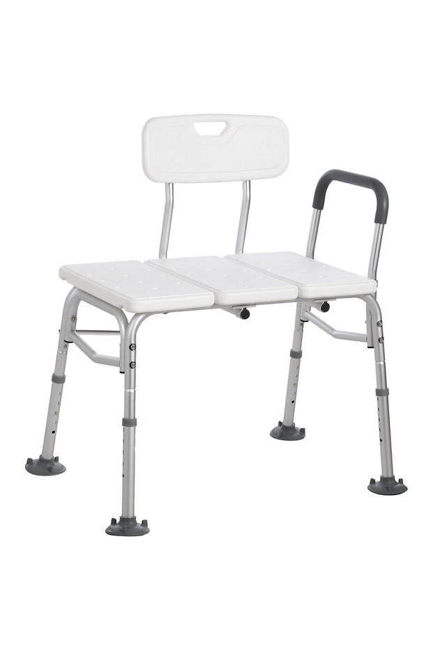 Bathtub transfer bench and shower chair with non-slip aluminum body, shower chair with padded backrest and armrests, adjustable seat height, supports up to 300 lbs