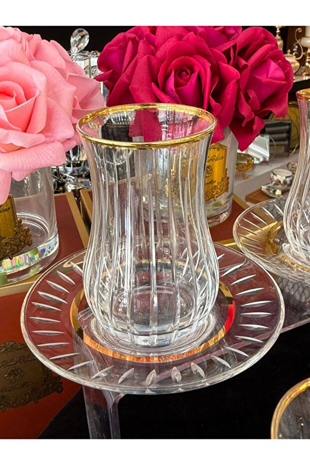 12 Pieces Special Design Golded Engraved Rod Pattern Tea Cup Set for 6 People 170 ml